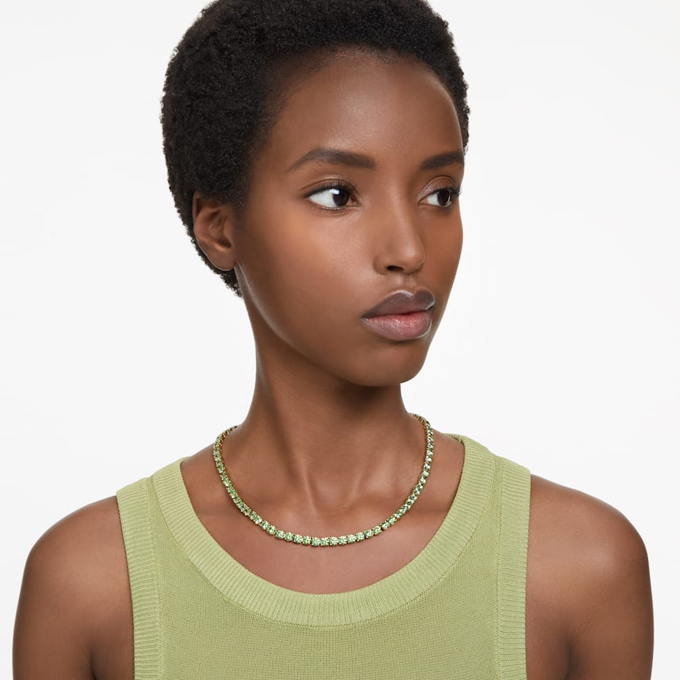 Matrix Tennis necklace, Round cut, Medium, Green, Gold-tone plated by SWAROVSKI