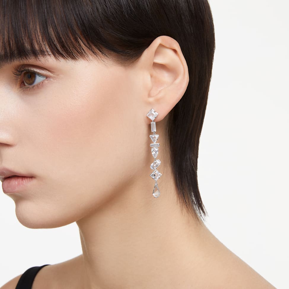 Mesmera drop earrings, Asymmetrical design, Mixed cuts, Long, White, Rhodium plated by SWAROVSKI