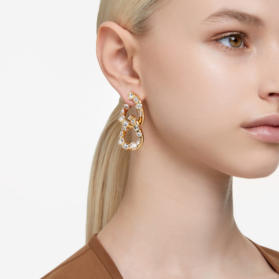 Dextera hoop earrings, Mixed cuts, Interlocking loop, White, Gold-tone plated by SWAROVSKI