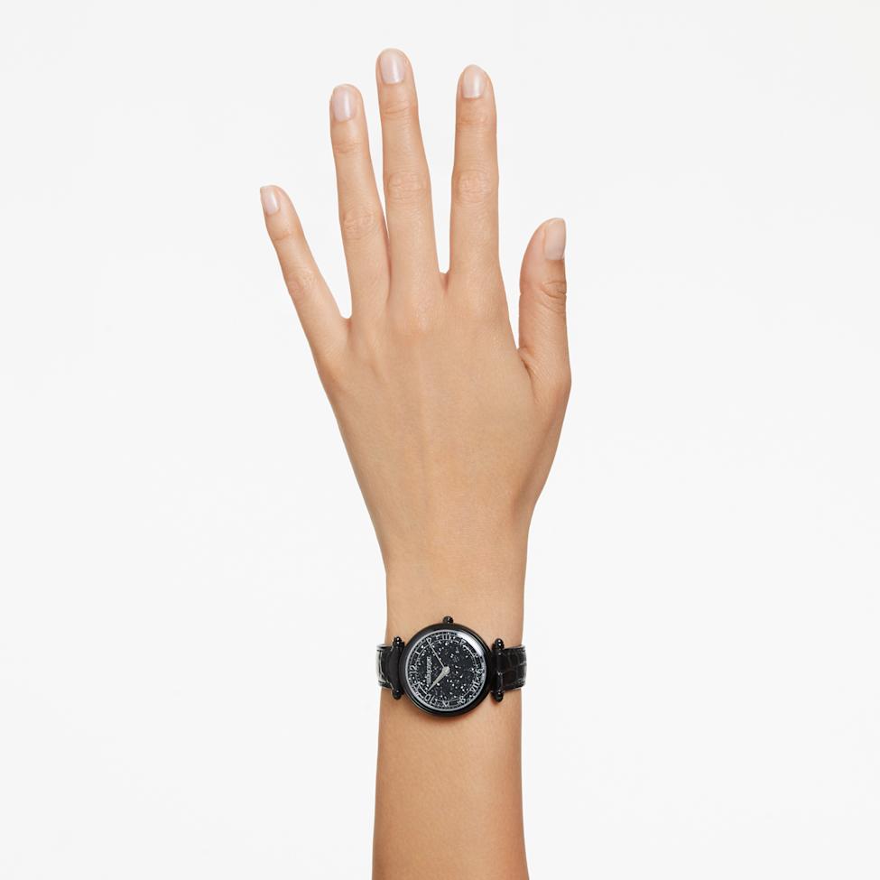 Crystalline Wonder watch, Swiss Made, Leather strap, Black, Black finish by SWAROVSKI