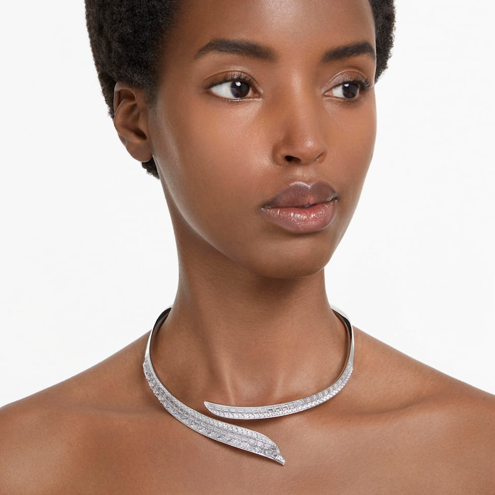 Hyperbola necklace, Carbon neutral zirconia, White, Rhodium plated by SWAROVSKI