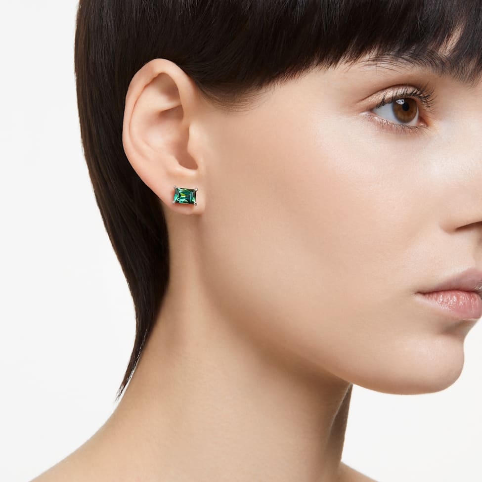 Matrix drop earrings, Mixed cuts, Green, Rhodium plated by SWAROVSKI