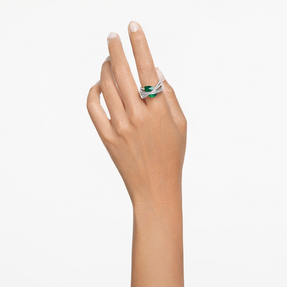 Hyperbola cocktail ring, Carbon neutral zirconia, Mixed cuts, Four bands, Green, Rhodium plated by SWAROVSKI