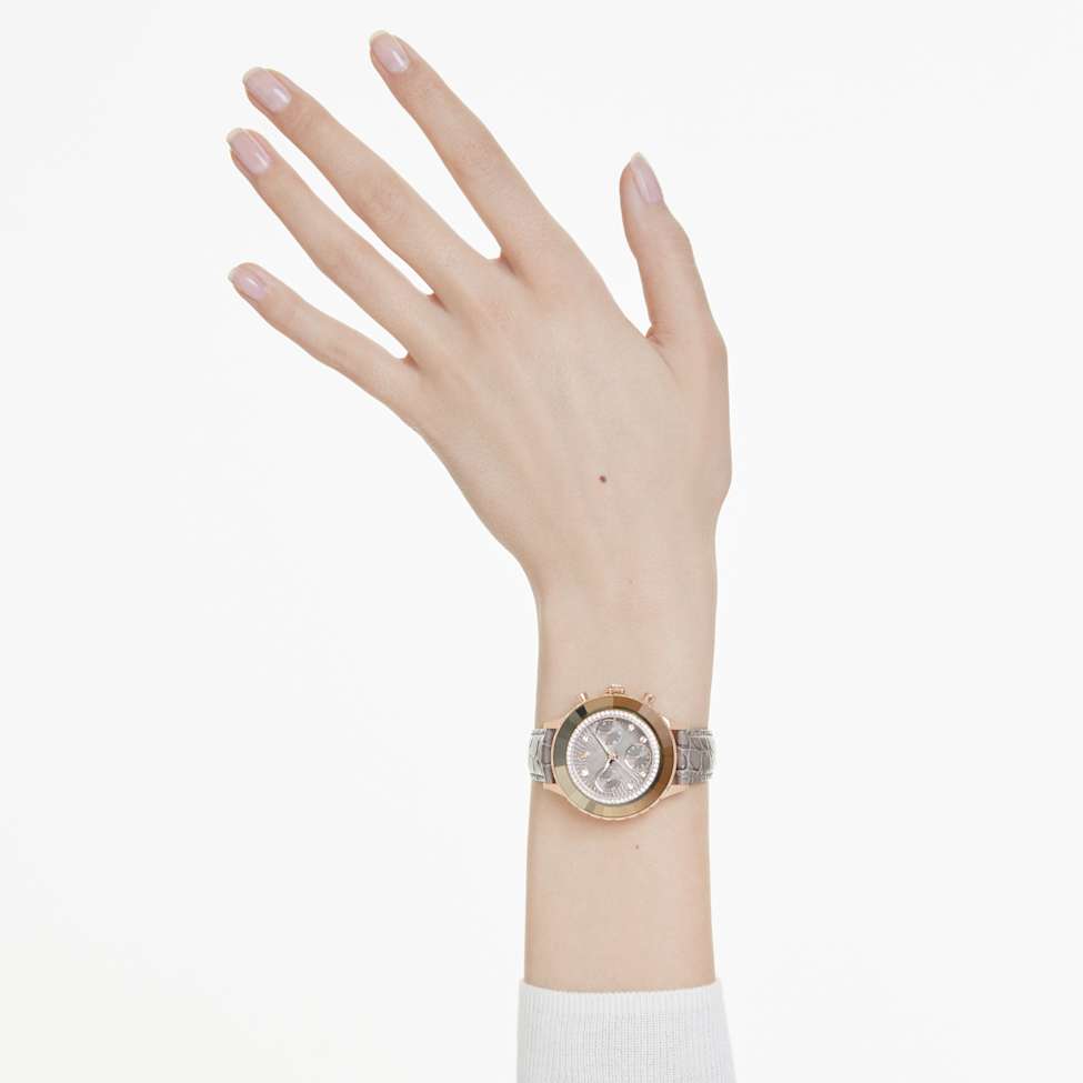 Octea Chrono watch, Swiss Made, Leather strap, Grey, Rose gold-tone finish by SWAROVSKI