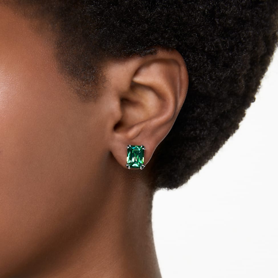 Matrix stud earrings, Rectangular cut, Green, Gold-tone plated by SWAROVSKI
