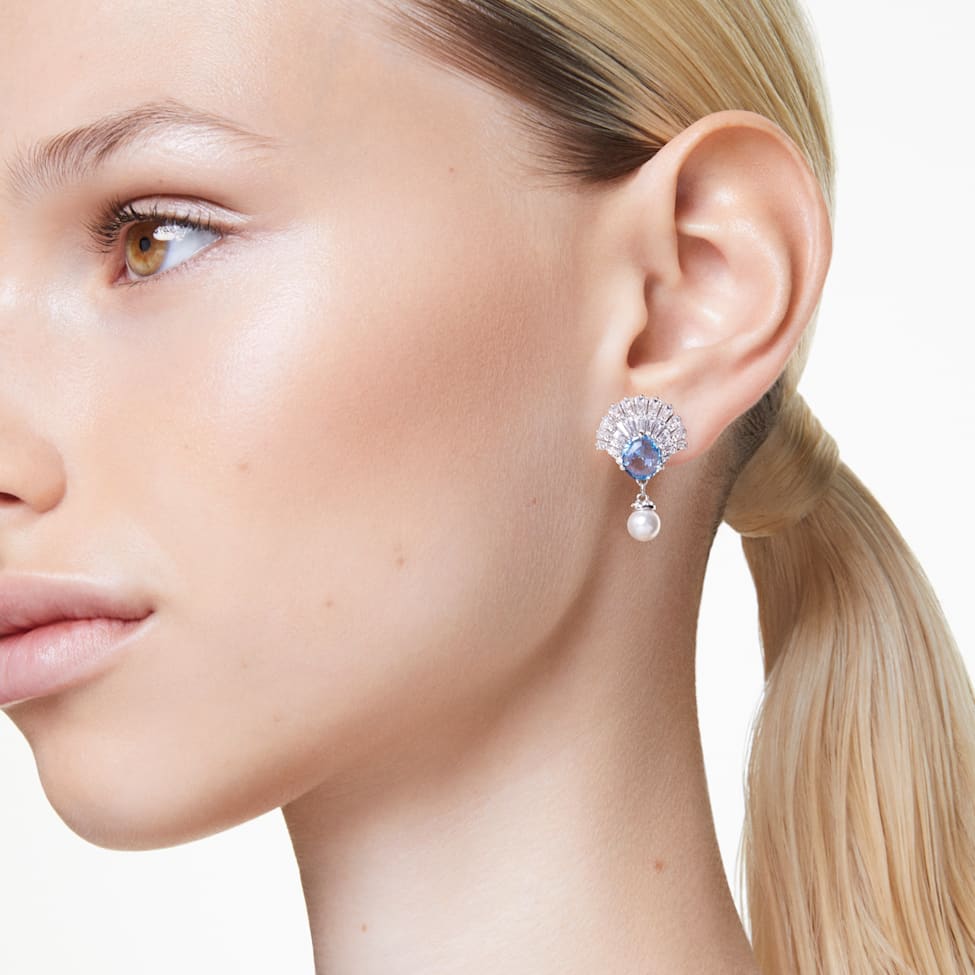 Idyllia drop earrings, Shell, Blue, Rhodium plated by SWAROVSKI