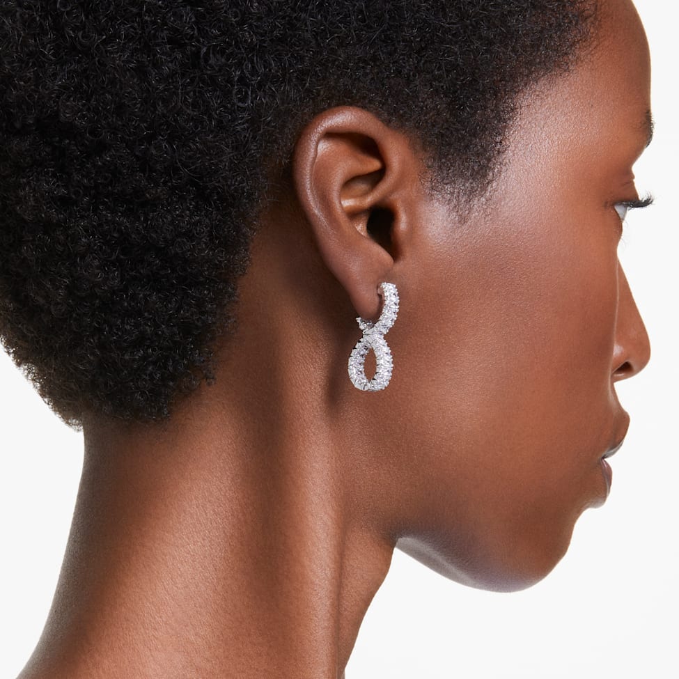 Hyperbola hoop earrings, Infinity, White, Rhodium plated by SWAROVSKI