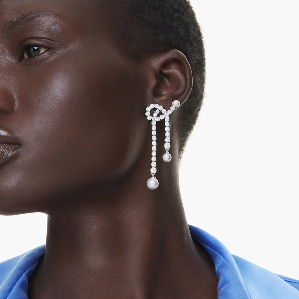Matrix drop earrings, Crystal pearl, Round cut, White, Rhodium plated by SWAROVSKI