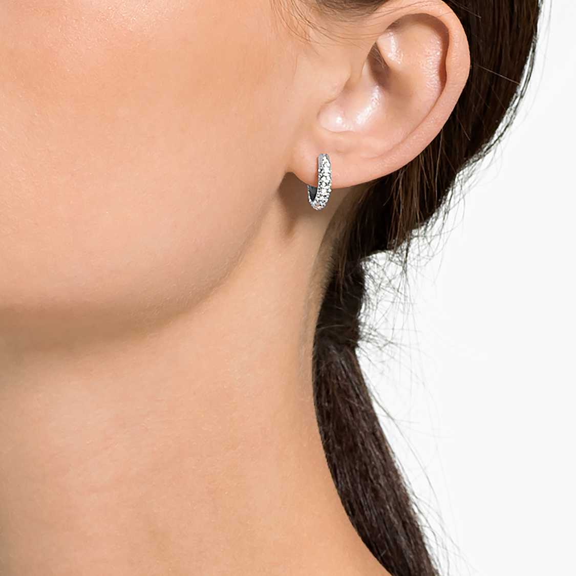 Dextera hoop earrings, Pavé, Small, White, Rhodium plated by SWAROVSKI