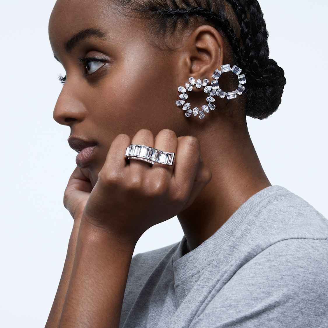 Matrix hoop earrings, Pear cut, White, Rhodium plated by SWAROVSKI