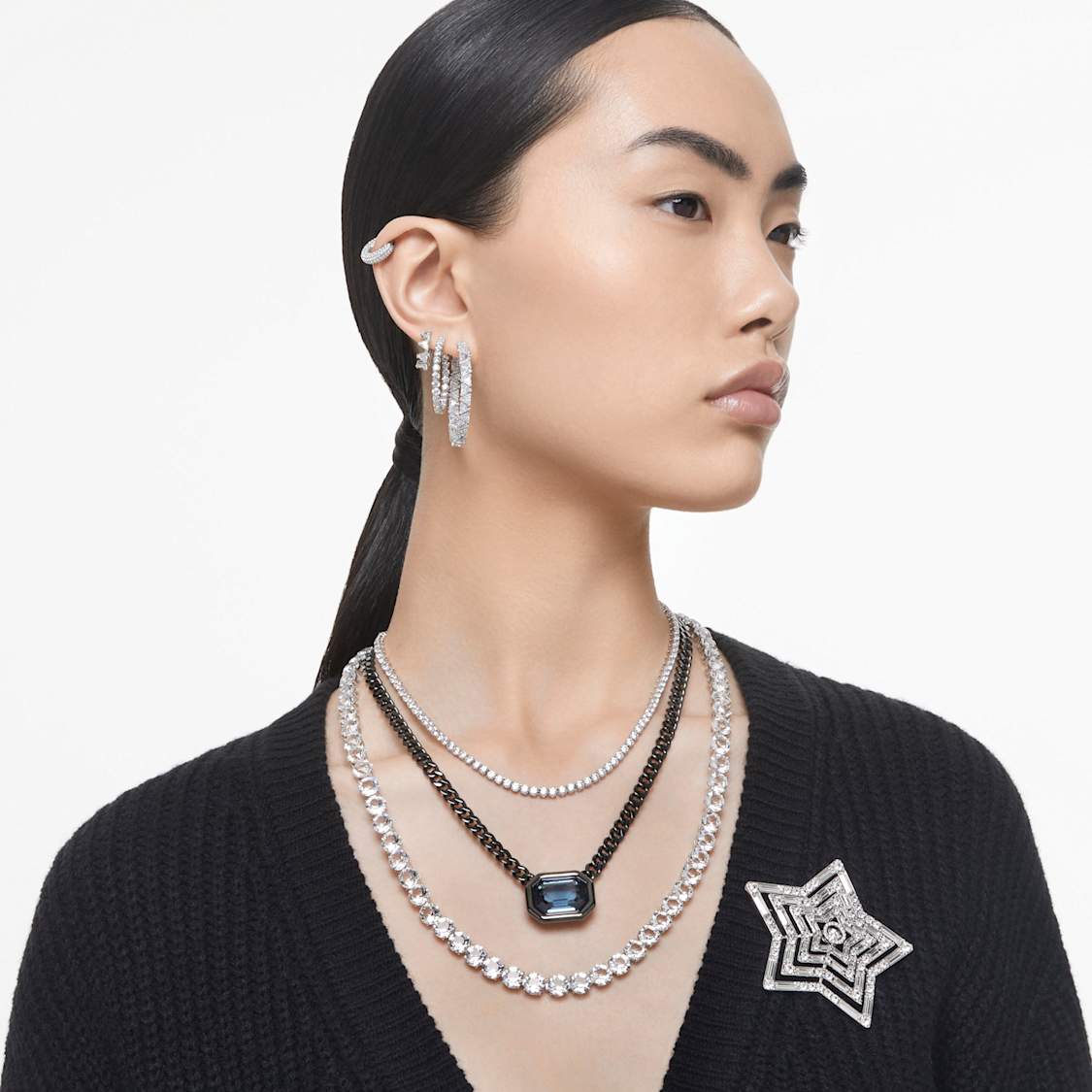 Matrix hoop earrings, White, Rhodium plated by SWAROVSKI