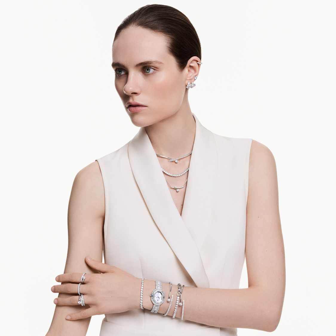 Bransoletka Matrix Tennis, Szlif okrągły, Biała, Powłoka z rodu - Swarovski, 5648936