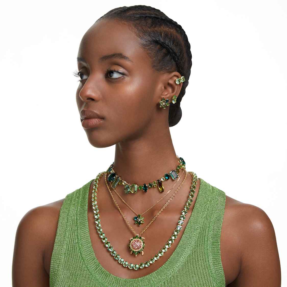 Gema necklace, Mixed cuts, Green, Gold-tone plated by SWAROVSKI