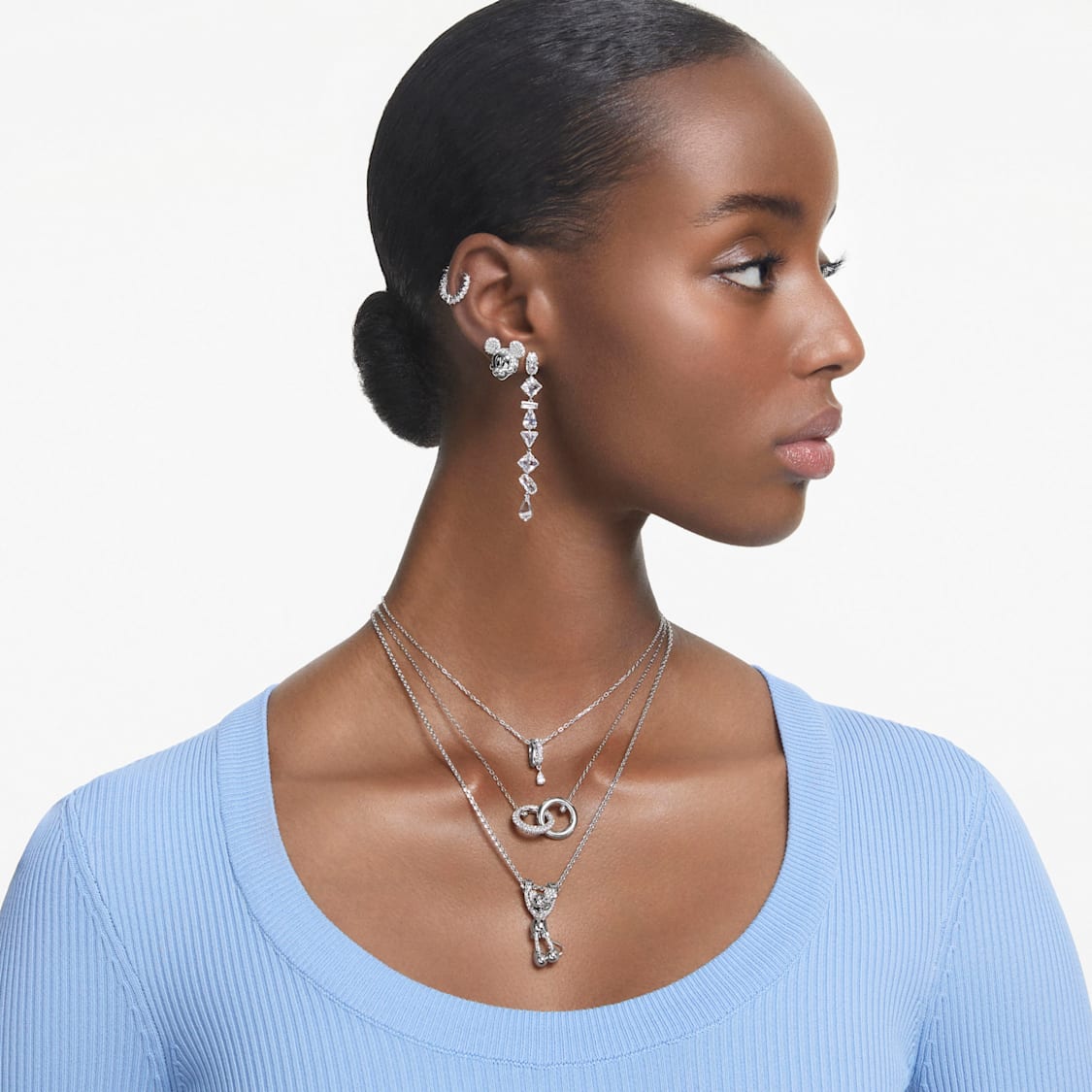 Mesmera drop earrings, Asymmetrical design, Mixed cuts, Long, White, Rhodium plated by SWAROVSKI