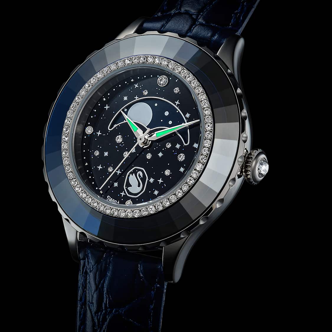 Octea moon watch, Swiss Made, Moon, Leather strap, Blue, Stainless steel by SWAROVSKI