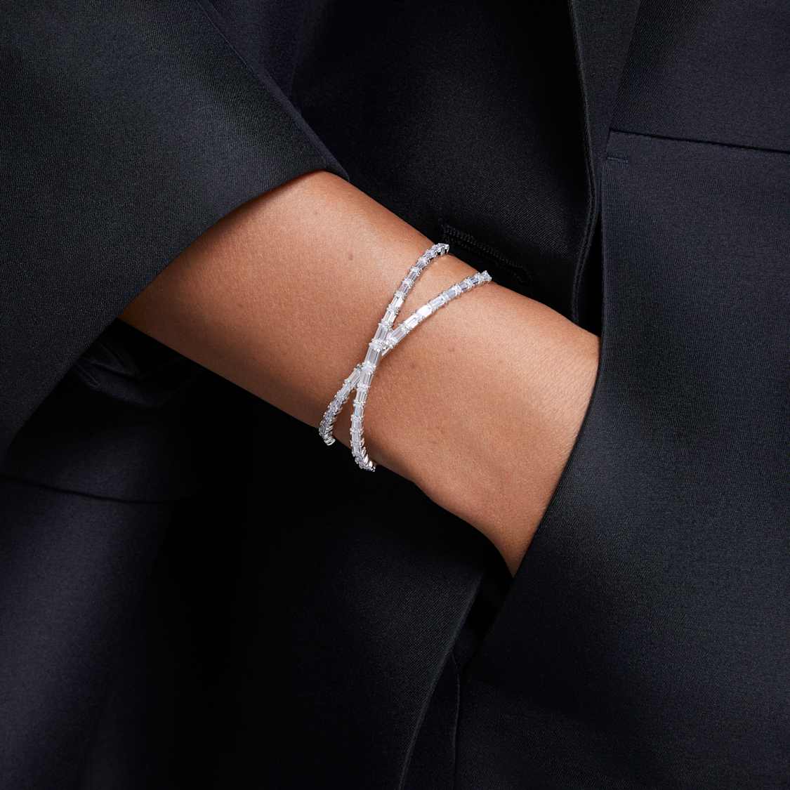 Hyperbola cuff, Infinity, White, Rhodium plated by SWAROVSKI