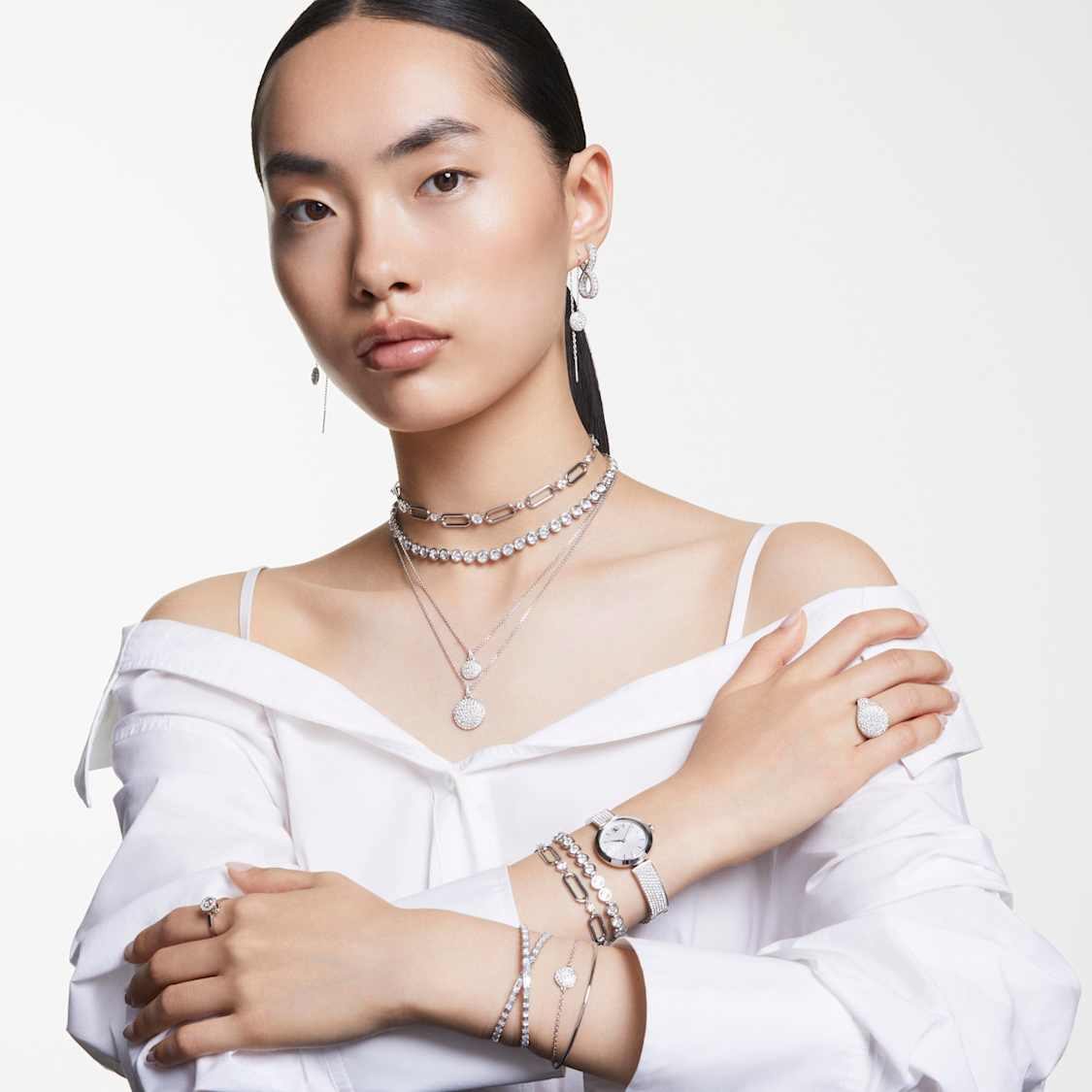 Imber Tennis necklace, Round cut, White, Rhodium plated by SWAROVSKI