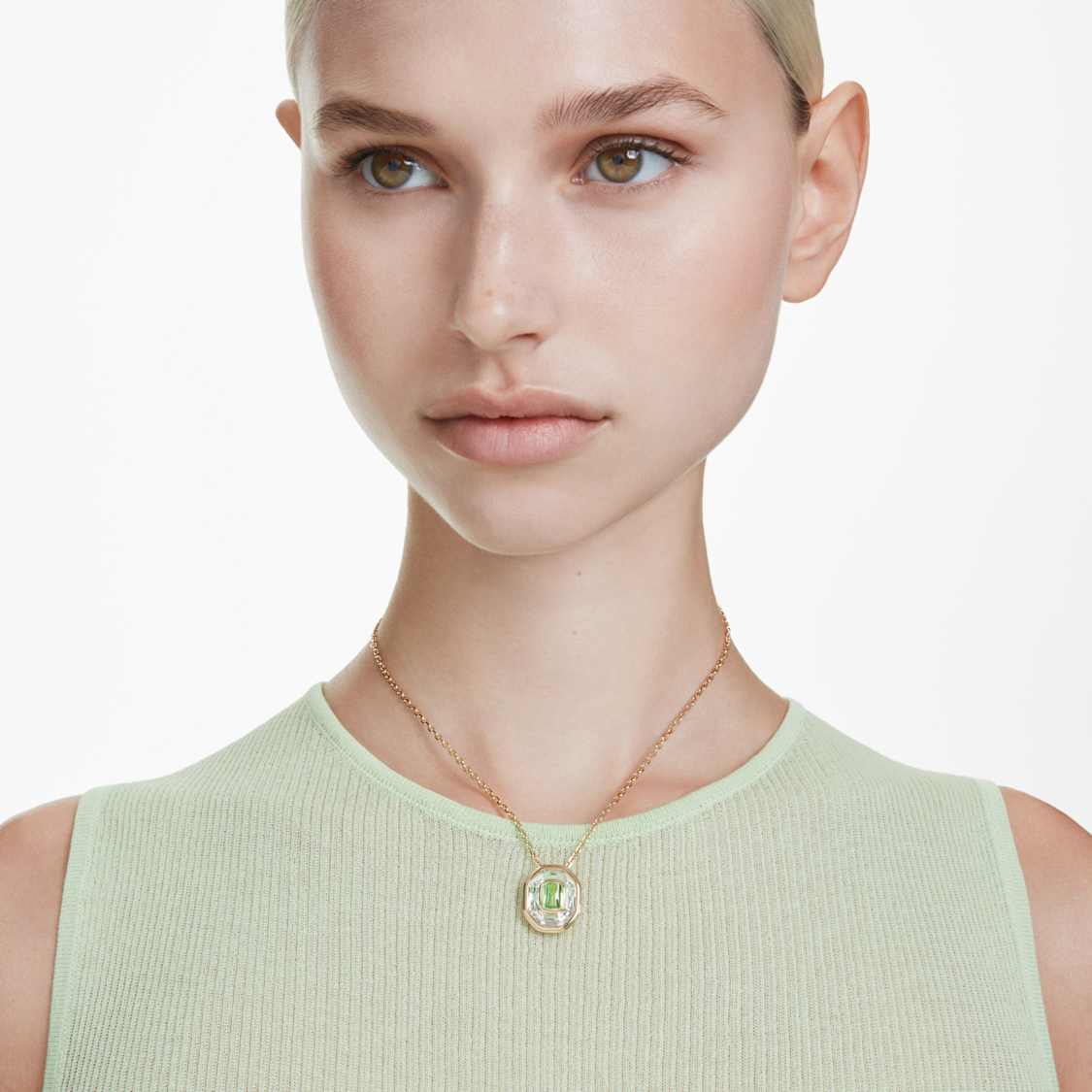 Chroma pendant, Octagon cut, Green, Gold-tone plated by SWAROVSKI