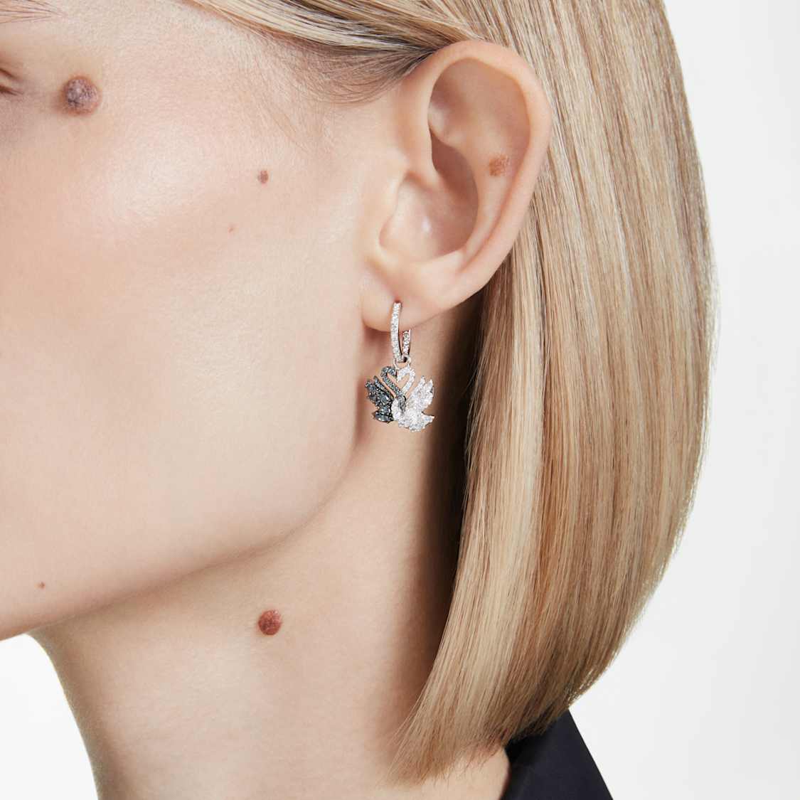 Swan drop earrings, Swan, Black, Mixed metal finish by SWAROVSKI