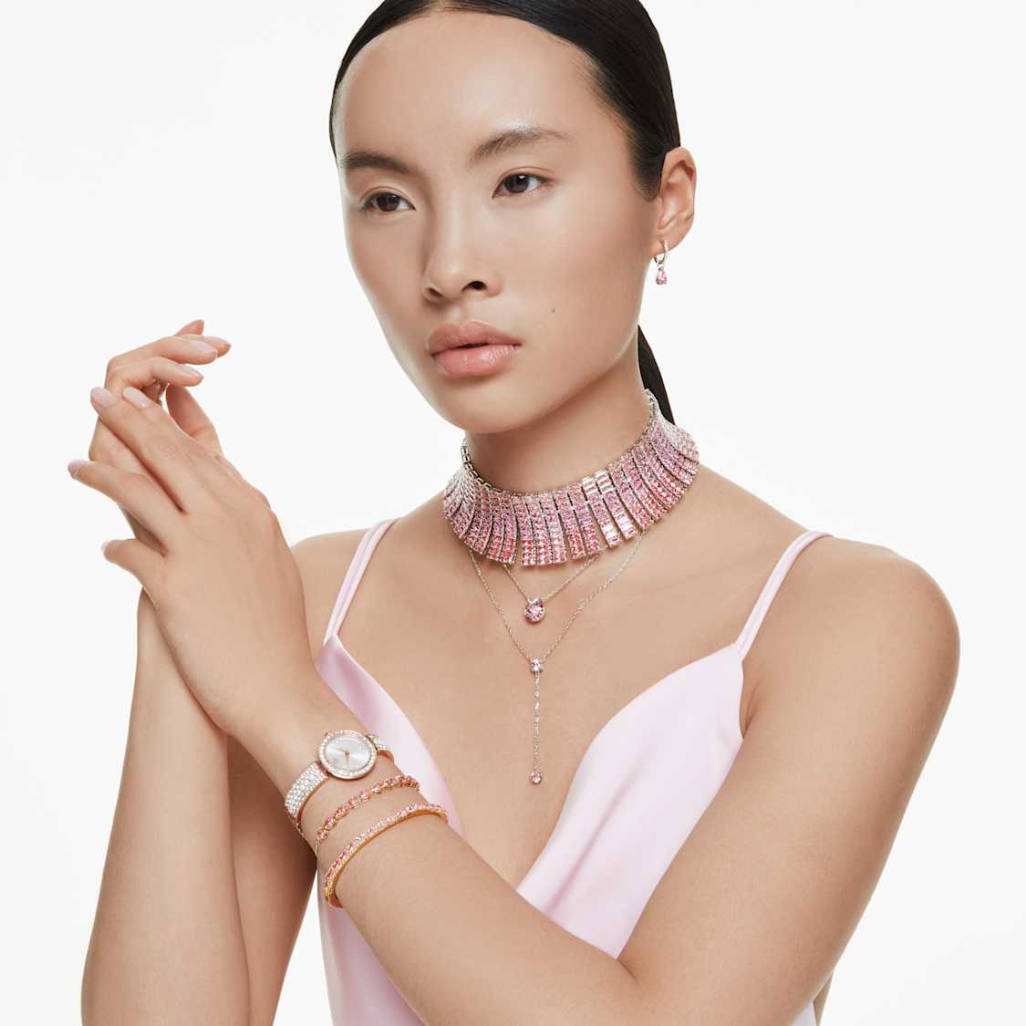 Matrix choker, Baguette cut, Pink, Rhodium plated by SWAROVSKI
