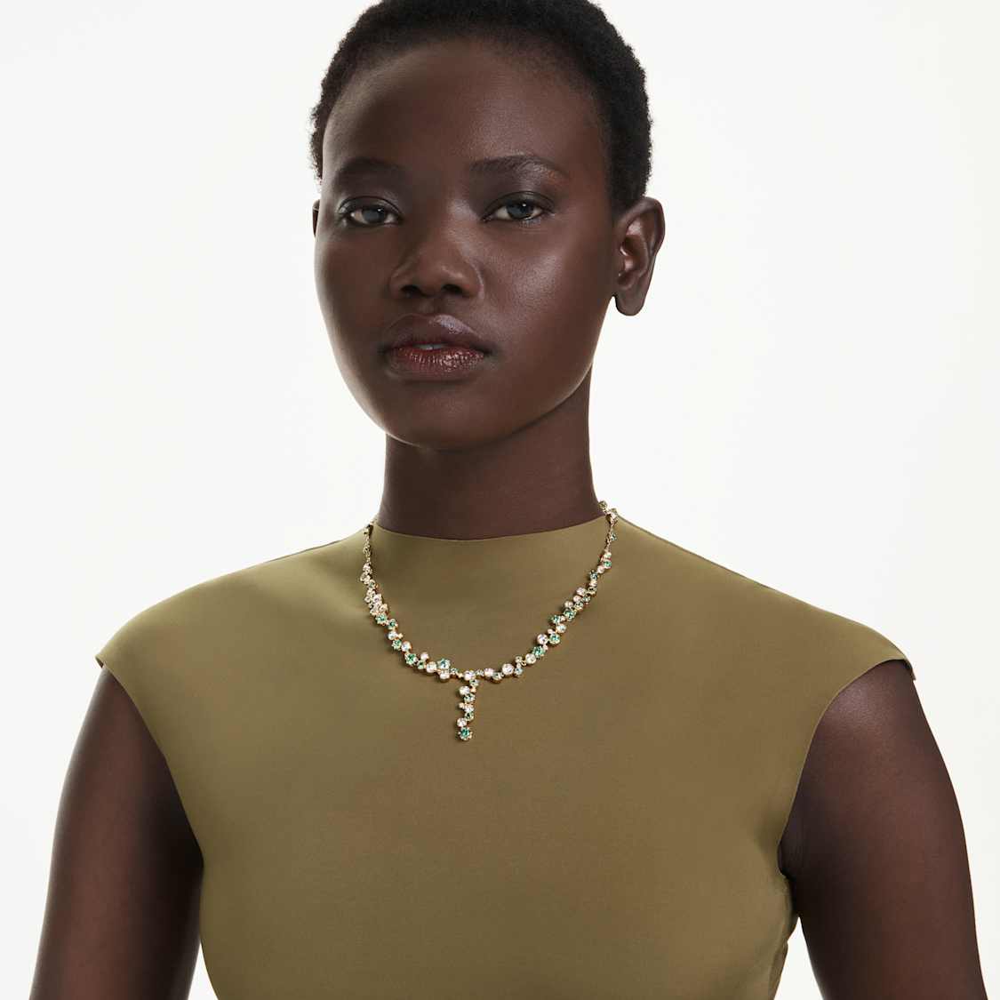 Constella Y necklace, Mixed cuts, Green, Gold-tone plated by SWAROVSKI