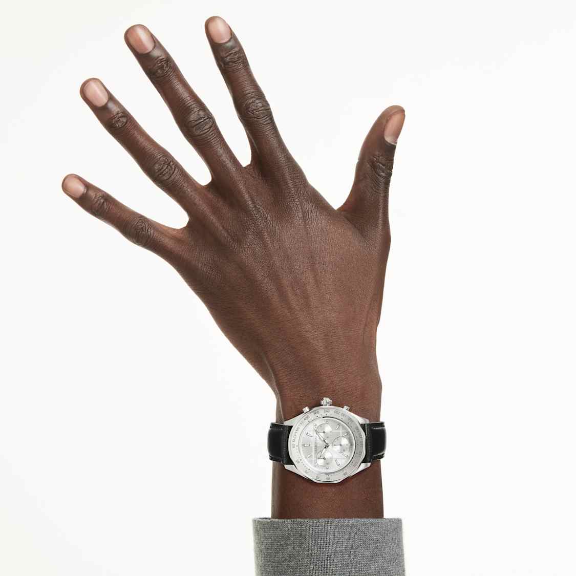 Dextera tachymetre watch, Swiss Made, Leather strap, Silver Tone, Stainless steel by SWAROVSKI