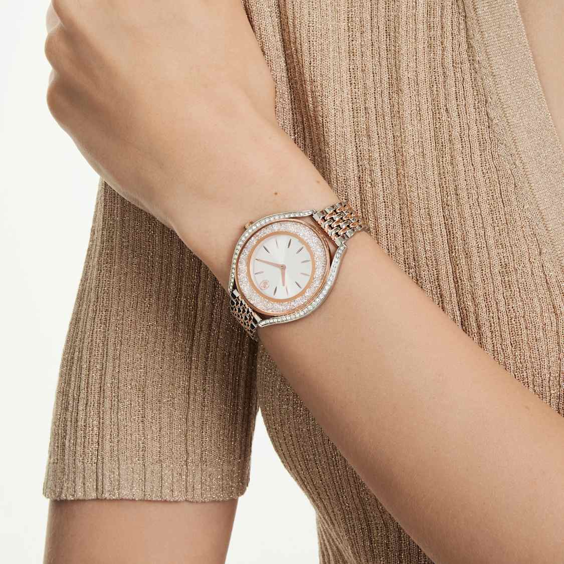 Crystalline aura watch, Swiss Made, Metal bracelet, Rose gold tone, Mixed metal finish by SWAROVSKI