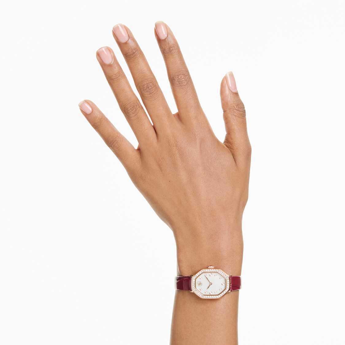 Dextera octagon watch, Swiss Made, Leather strap, Red, Rose gold-tone finish by SWAROVSKI