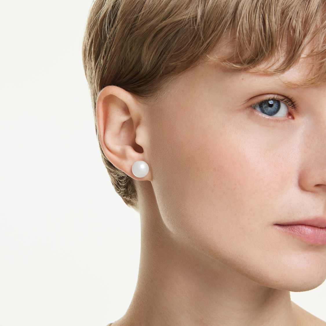 Matrix stud earrings, Crystal pearl, White, Rhodium plated by SWAROVSKI