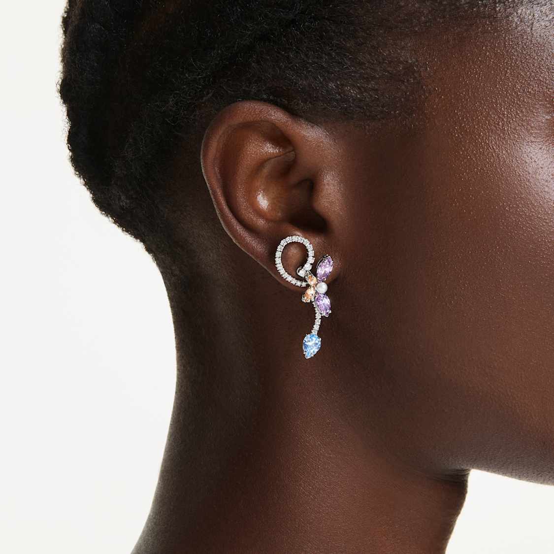 Ariana Grande x Swarovski drop earrings with ear jacket, Mixed cuts, Dragonfly, flower, Multicoloured, Rhodium plated by SWAROVSKI