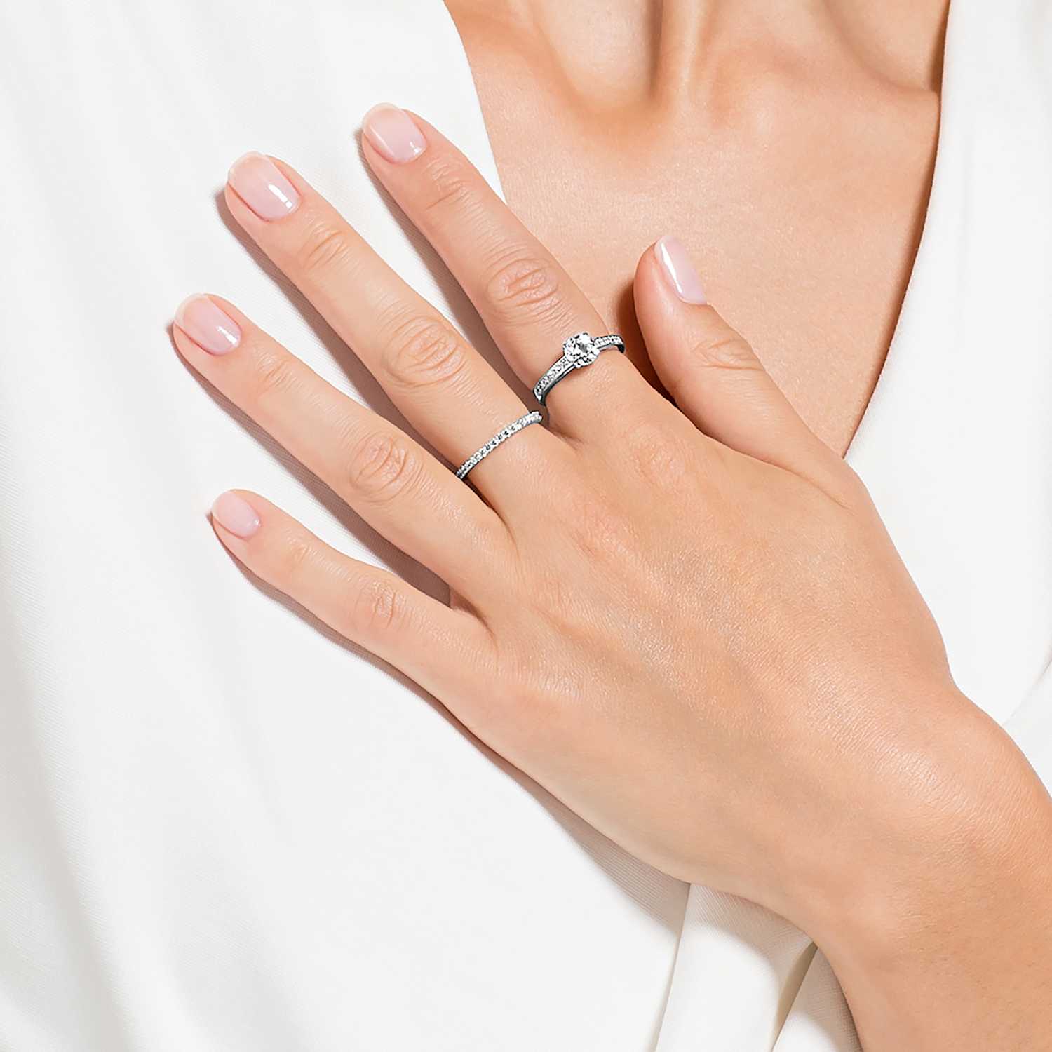 Attract ring, Set (2), Round cut, Pavé, White, Rhodium plated