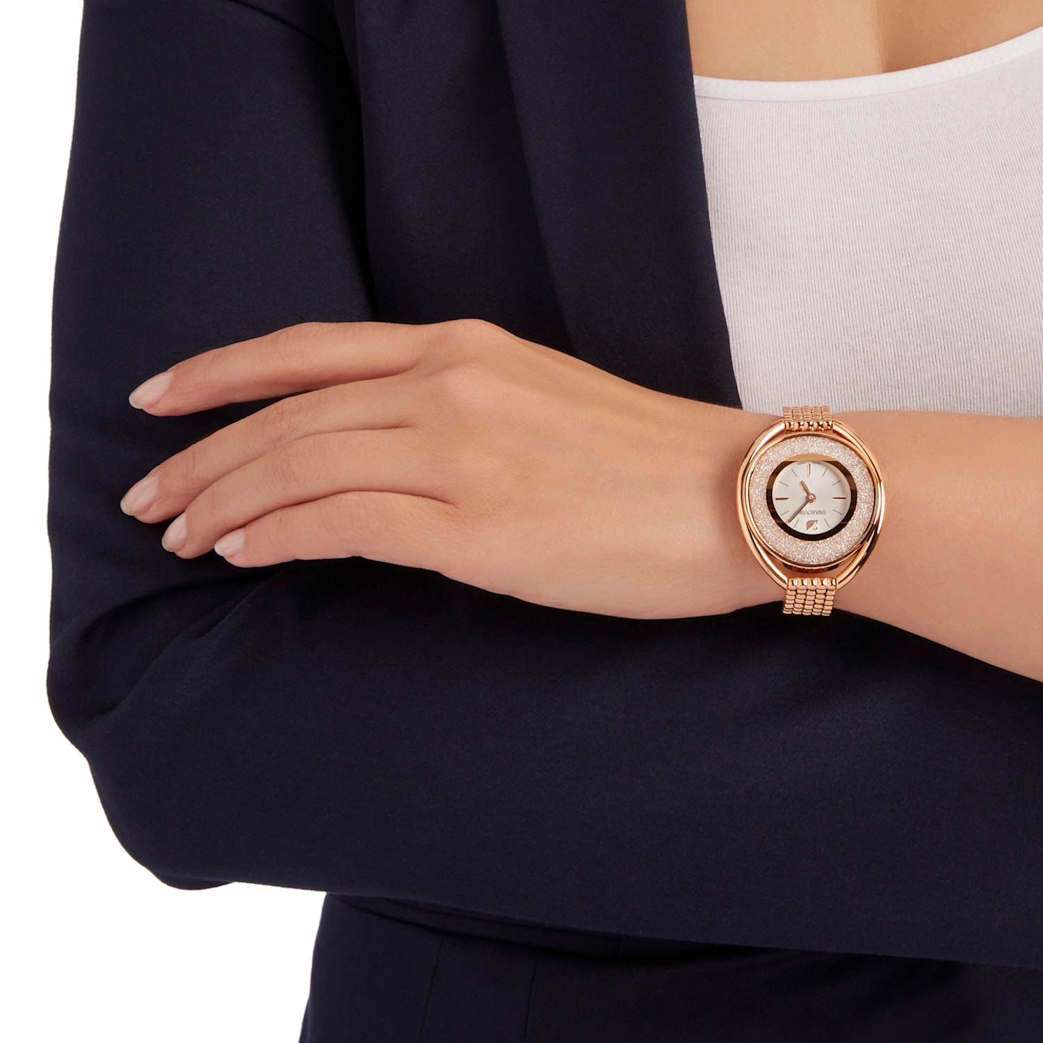 Crystalline Oval Watch, Metal bracelet, White, Rose-gold tone PVD