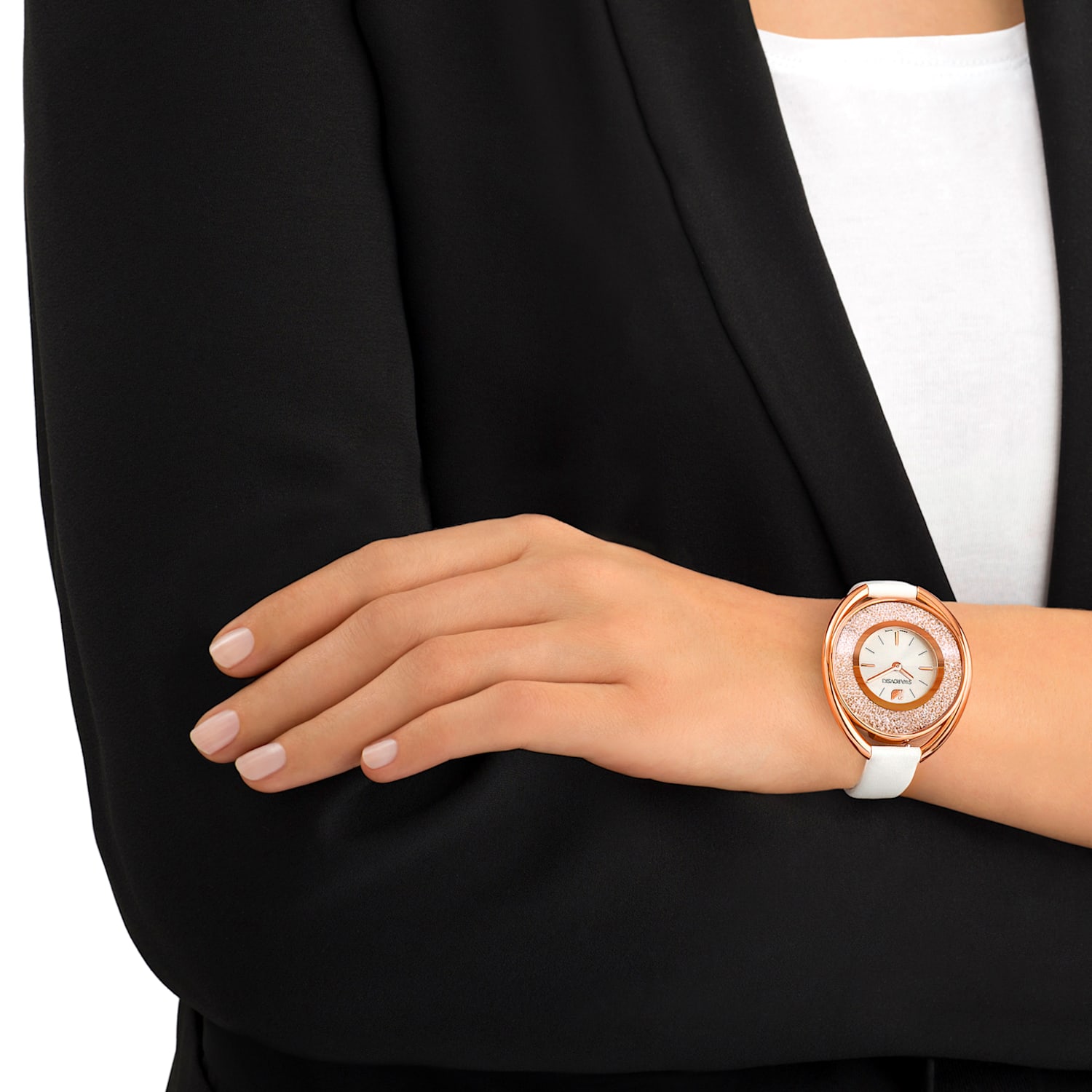Crystalline Oval Watch, Leather strap, White, Rose-gold tone PVD