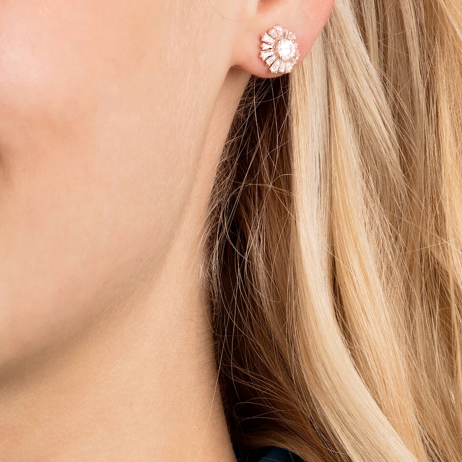 maximum gravity scandal Sunshine stud earrings, Mixed cuts, Sun, White, Rose gold-tone plated |  Swarovski