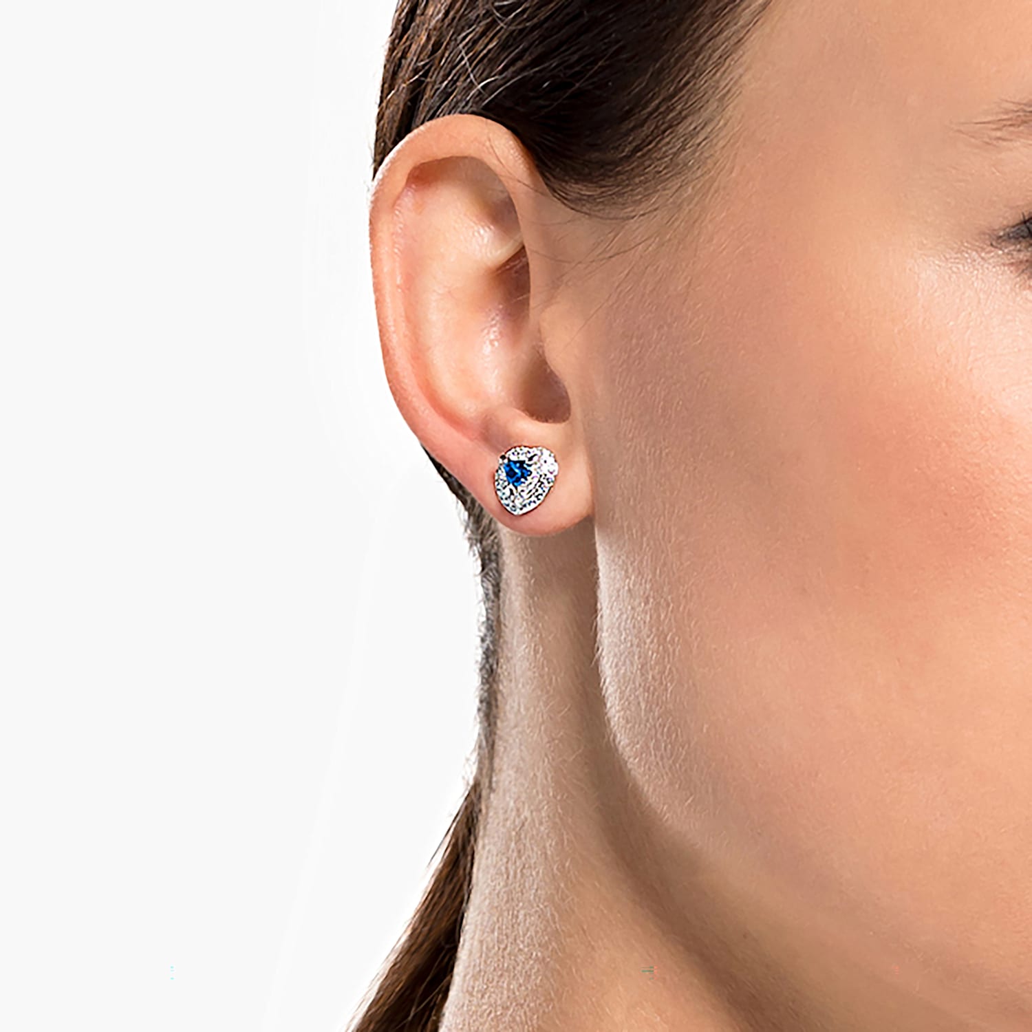 One stud earrings, Heart, Blue, Rhodium plated | Swarovski.com