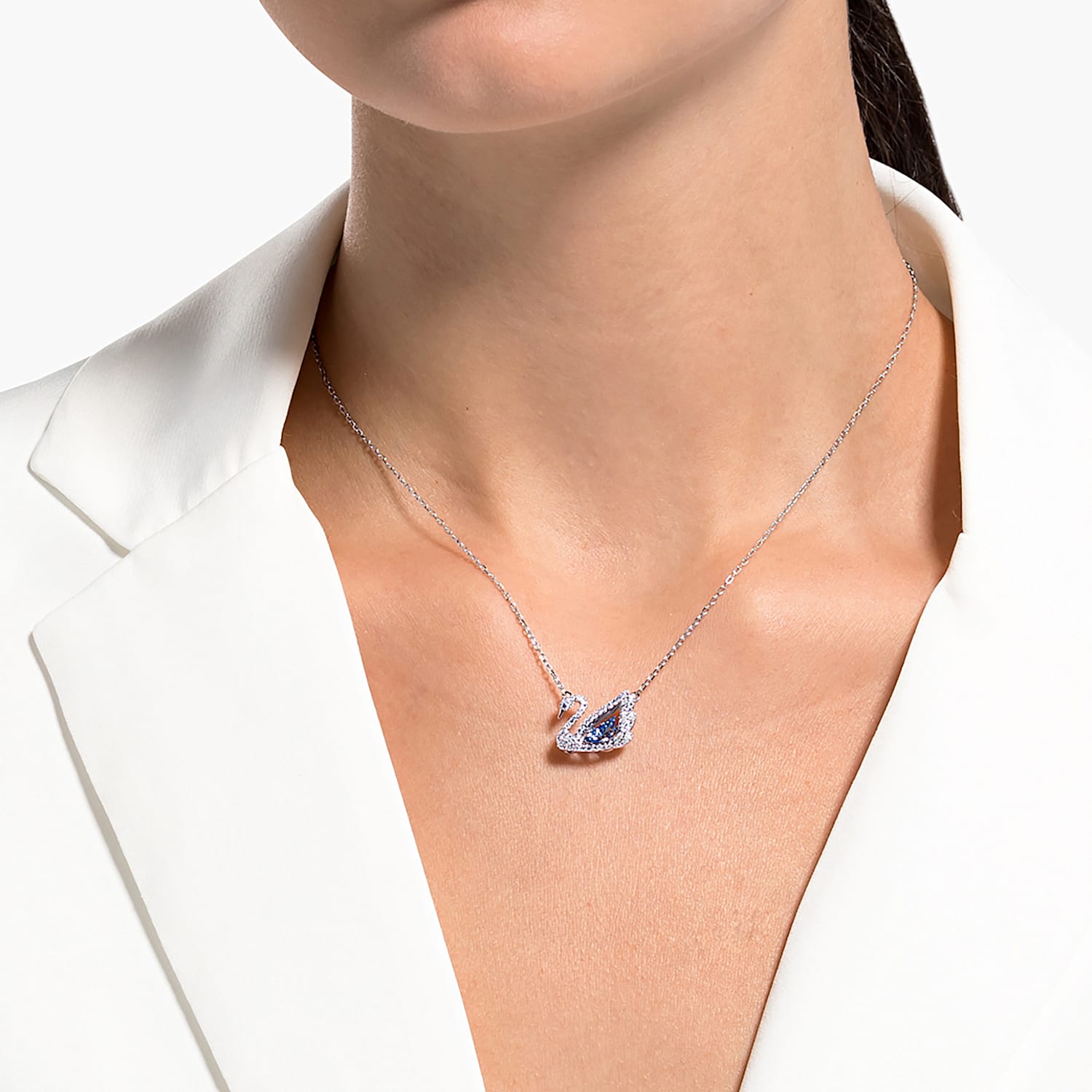 Dancing Swan necklace, Swan, Blue, Rhodium plated