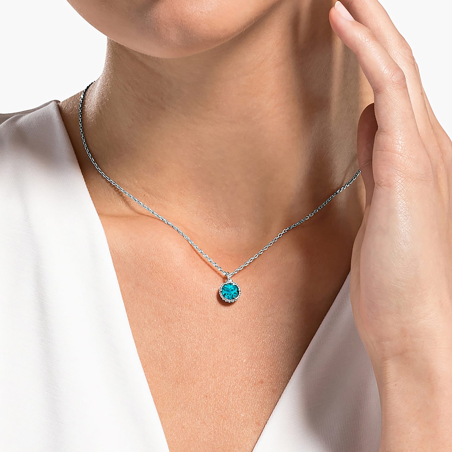 Bonyak Jewelry 18 Inch Rhodium Plated Necklace w/ 6mm Blue December Birth Month Stone Beads and Saint Stephanie Charm