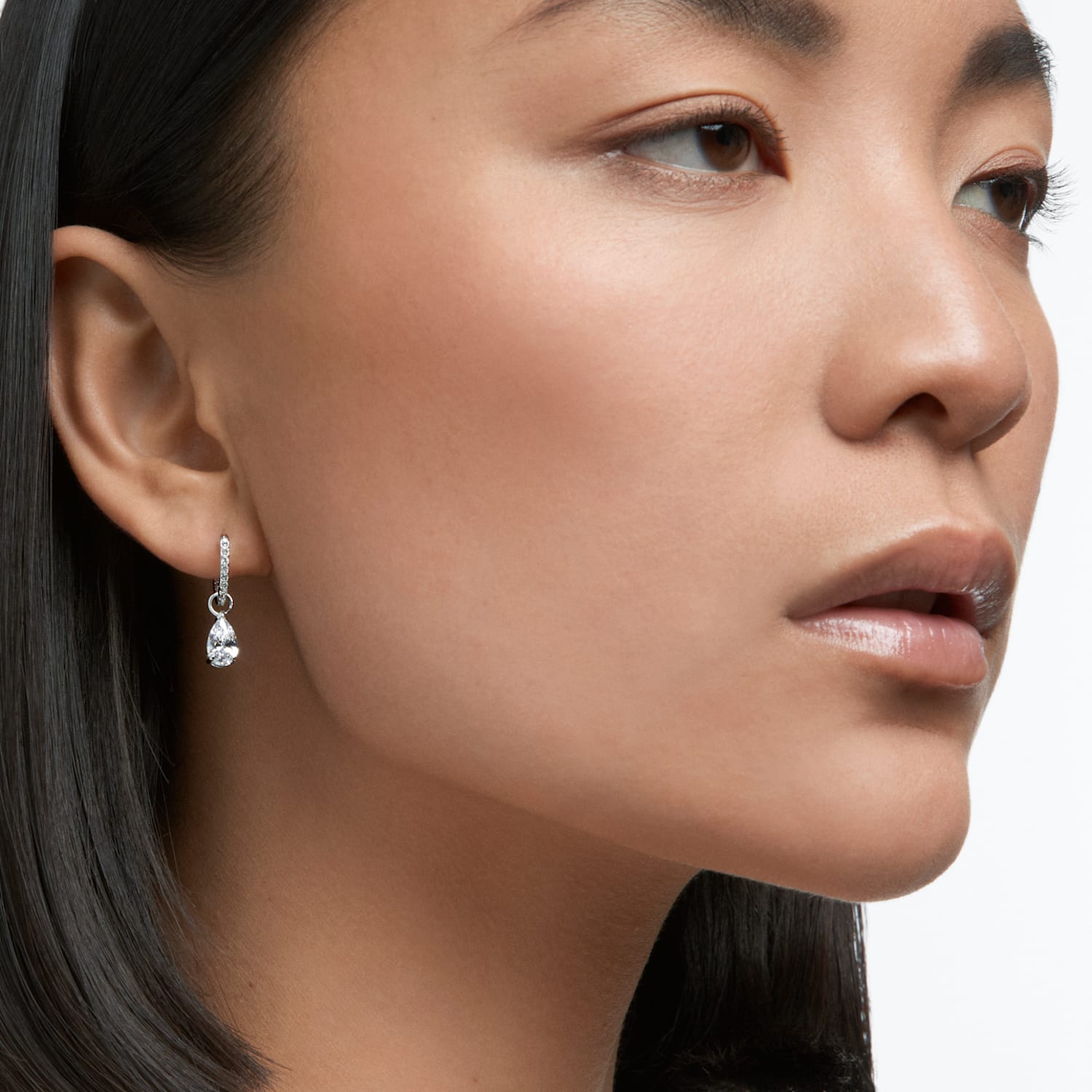 Attract hoop earrings, Pear cut, White, Rhodium plated | Swarovski.com