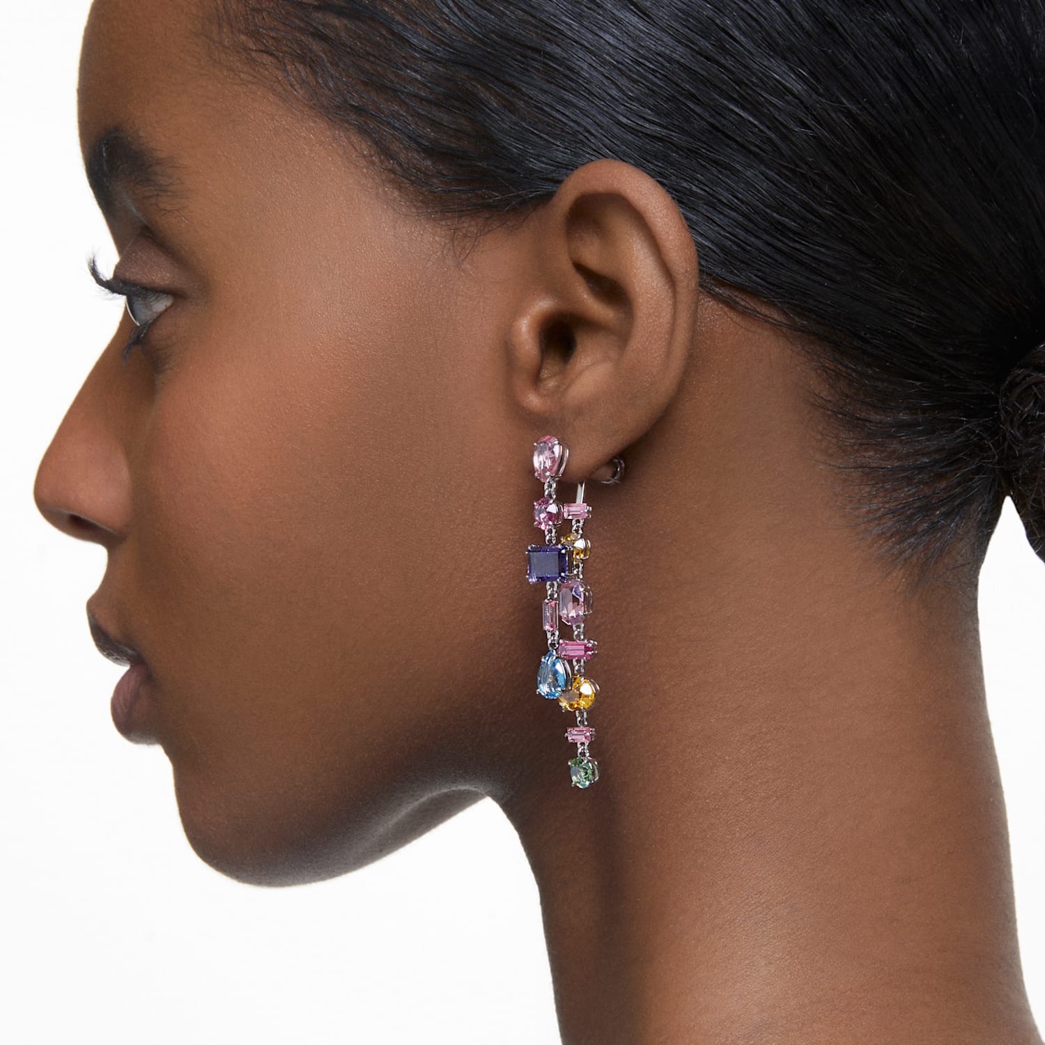 Gema drop earrings, Asymmetrical design, Mixed cuts, Long
