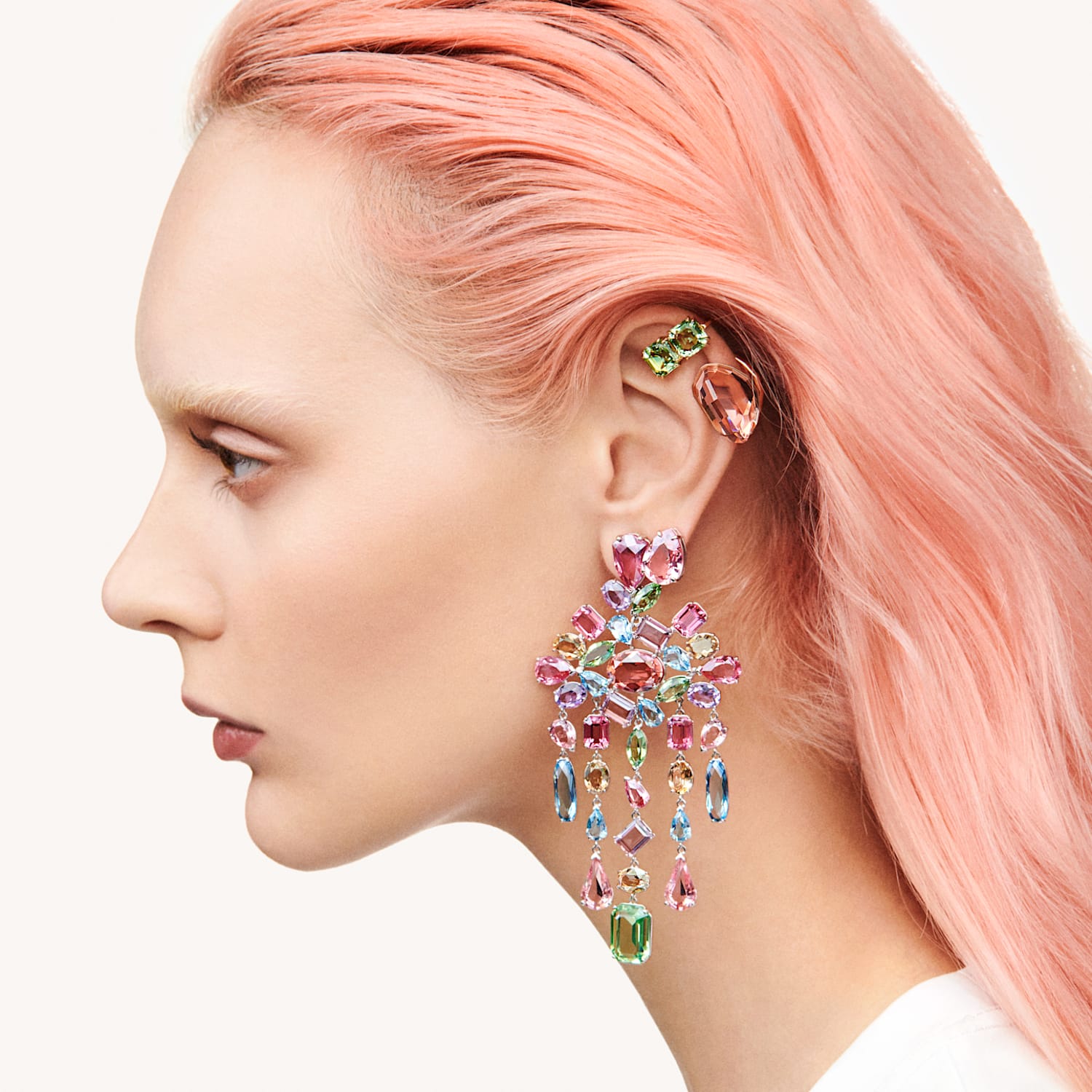 Gema stud earrings, Drop cut, Pink, Rhodium plated | Swarovski