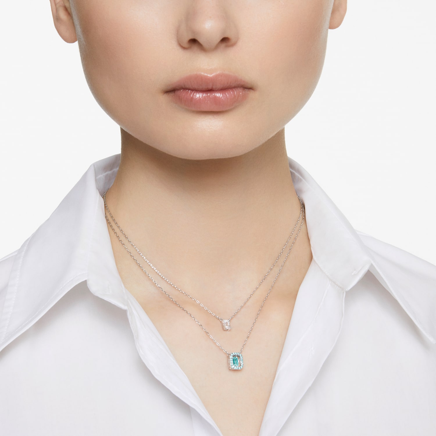 Millenia layered necklace, Octagon cut, Blue, Rhodium plated 