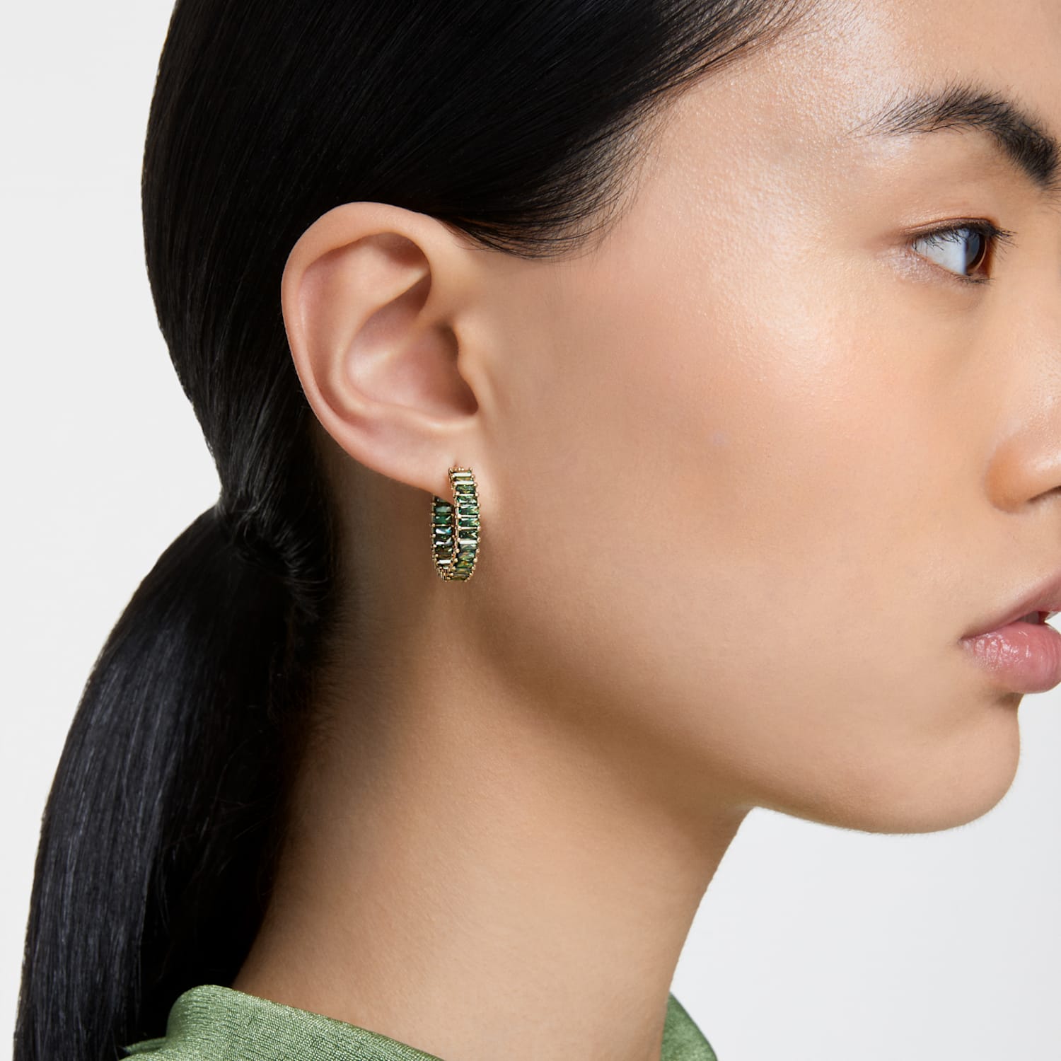 Matrix hoop earrings, Baguette cut, Green, Gold-tone plated | Swarovski