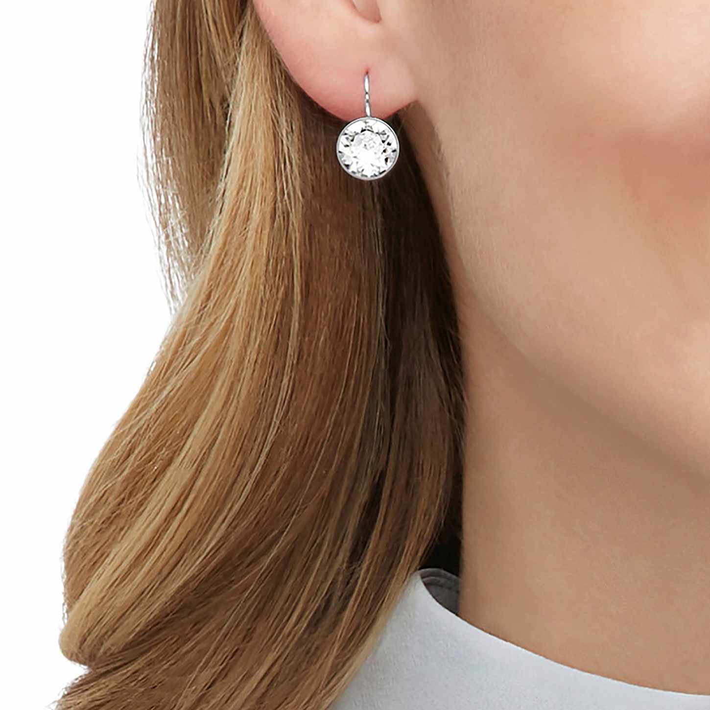 Bella Mini drop earrings, Round cut, White, Rhodium plated Swarovski