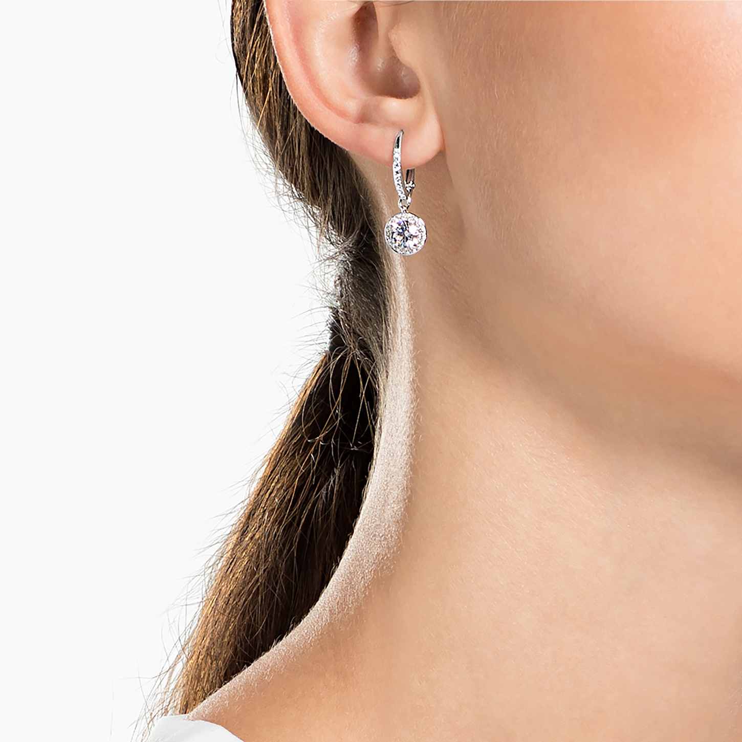 Una Angelic drop earrings, Round cut, White, Rhodium plated