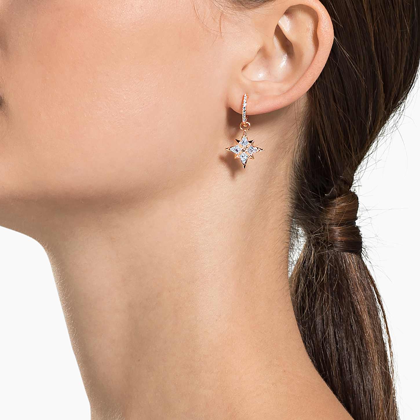Swarovski Symbolic Star Hoop Pierced Earrings White Rose Gold Tone Plated