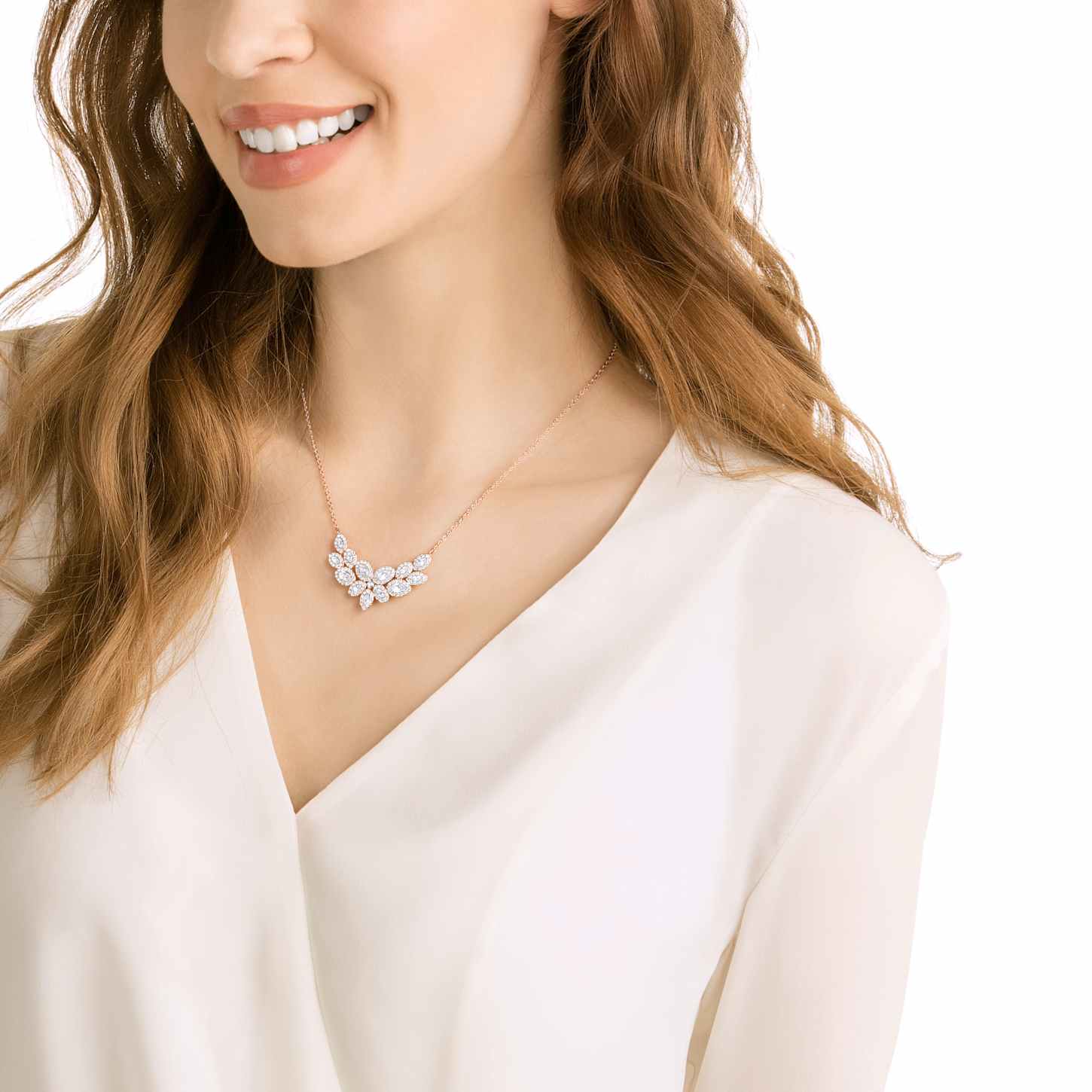 Baron necklace, Leaf, White, Rose gold-tone plated | Swarovski