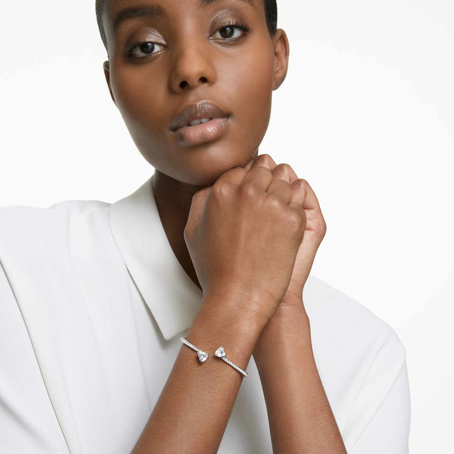 Mesmera bangle, Heart, White, Rhodium plated | Swarovski