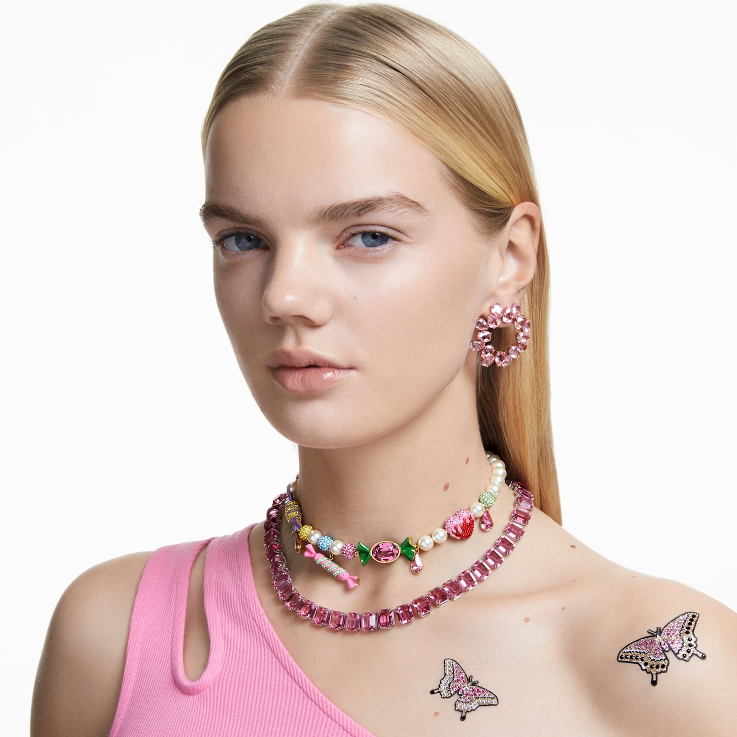 Millenia necklace, Octagon cut, Pink, Rhodium plated | Swarovski