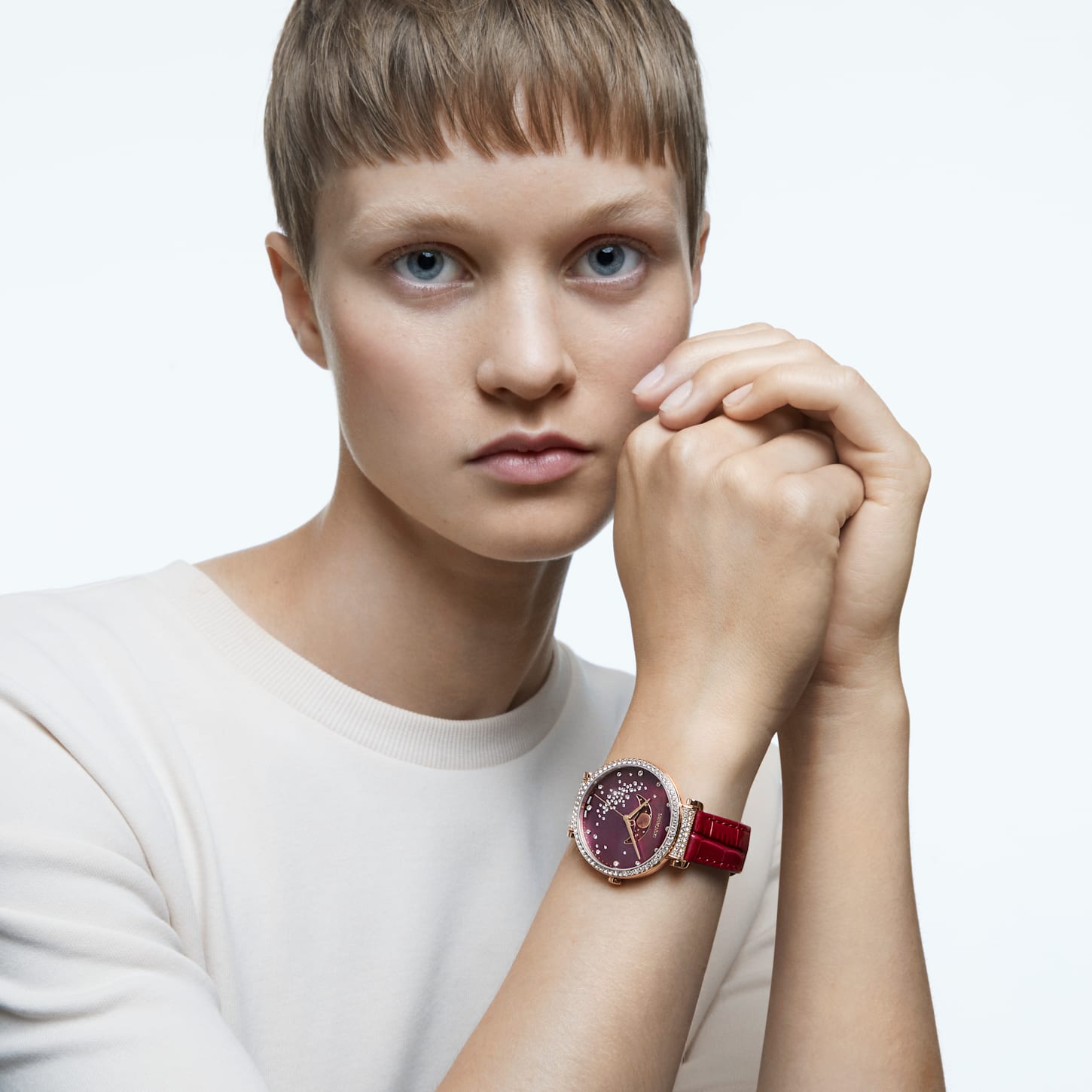 Passage Moon Phase watch, Leather strap, Red, Rose gold-tone finish ...