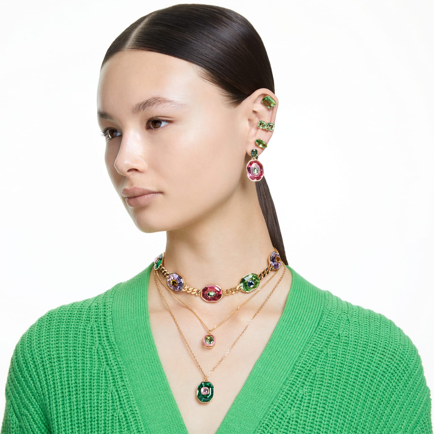 Gema stud earrings, Kite cut, Green, Gold-tone plated | Swarovski